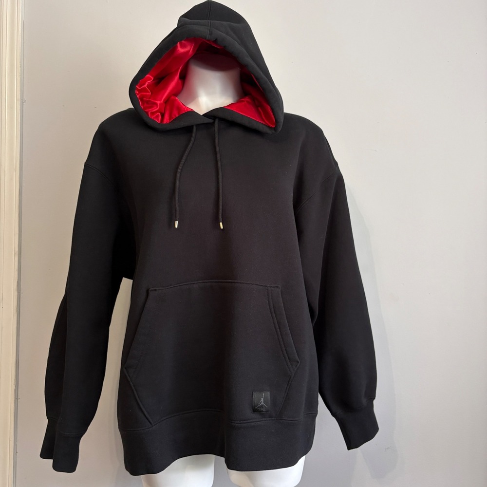 Jordan Flight Fleece Hoodie Black Red Satin Lined Oversized XS FB5110-011